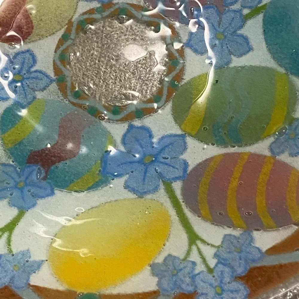 Peggy Karr Easter Egg Fused Art Glass Bowl Colorful Eater Eggs Blue Pink Green